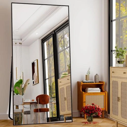 Détail de Miroir plein longueur rectangulaire noir, cadre fin aluminium