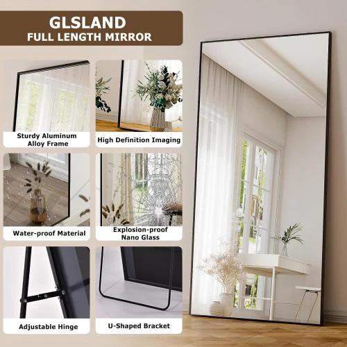 Zoom sur Miroir plein longueur rectangulaire noir, cadre fin aluminium