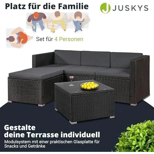 Détail de Ensemble Meubles Jardin Polyrotin Noir Crème, Canapé 3 Places, Table, Coussins