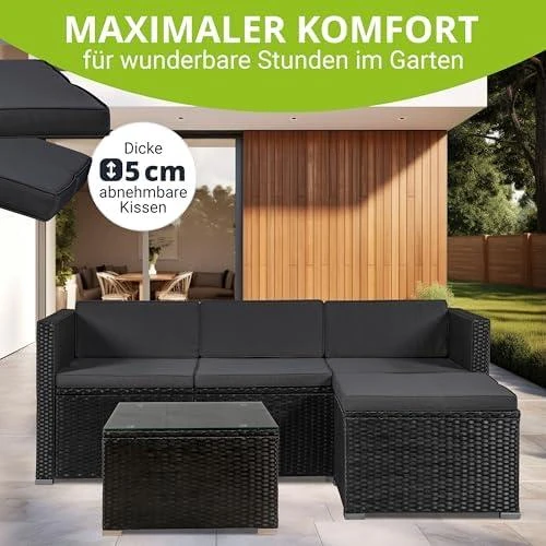 Zoom sur Ensemble Meubles Jardin Polyrotin Noir Crème, Canapé 3 Places, Table, Coussins