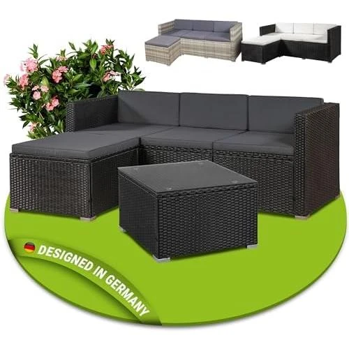 Ensemble Meubles Jardin Polyrotin Noir Crème, Canapé 3 Places, Table, Coussins - Vue principale