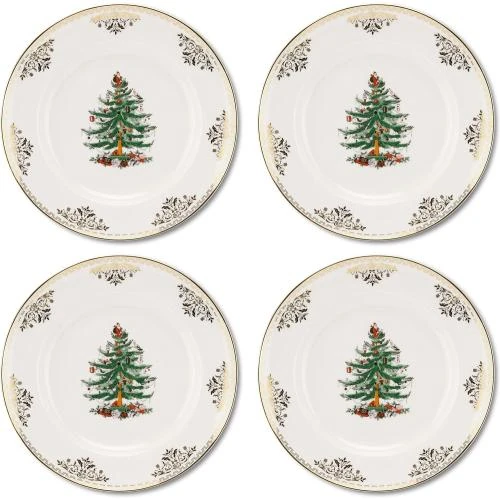 Assiettes plates porcelaine motif sapin Noël, lot 4 - Vue principale