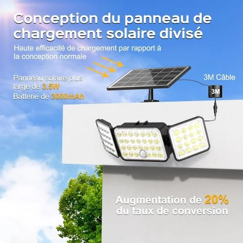 Détail de Lampe Solaire Exterieur 3000mAh 3000LM IP65 LED Sécurité