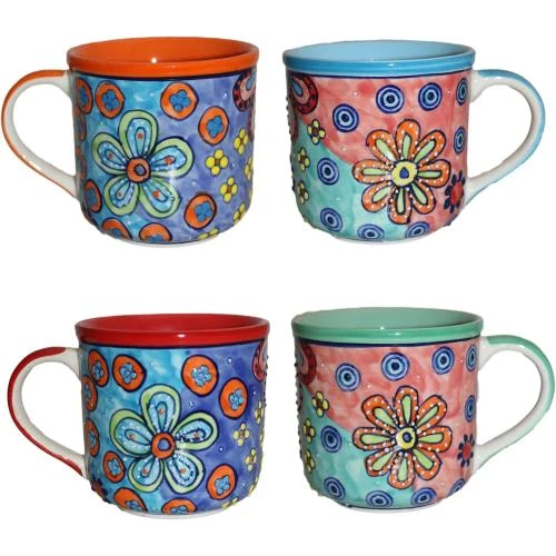 Tasses à café colorées, motif floral, peintes à la main - Vue principale