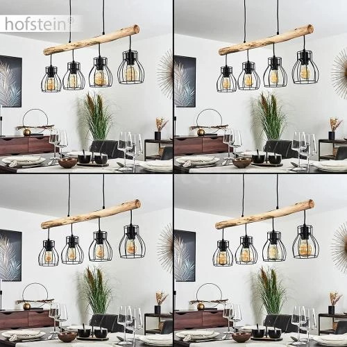 Zoom sur Suspension Gondo, lampe métal bois noir marron, 4 flammes