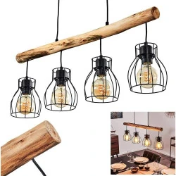 Suspension Gondo, lampe métal bois noir marron, 4 flammes