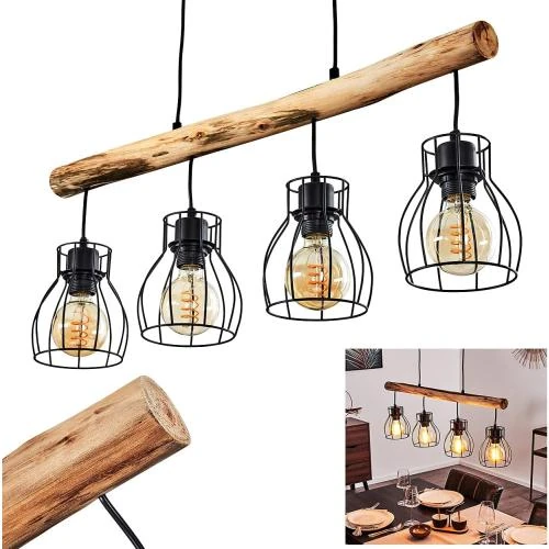 Suspension Gondo, lampe métal bois noir marron, 4 flammes - Vue principale