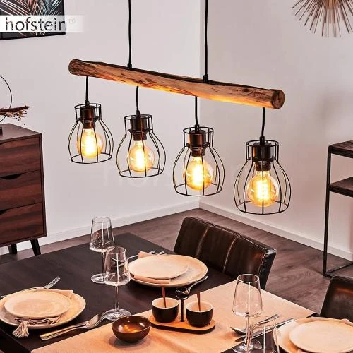 Détail de Suspension Gondo, lampe métal bois noir marron, 4 flammes
