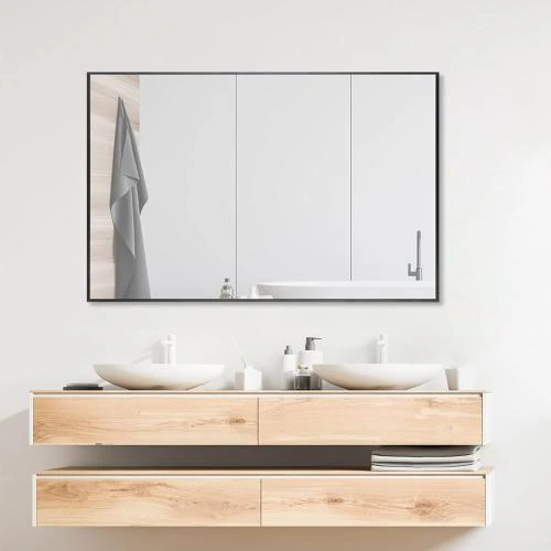 Zoom sur Miroir mural rectangulaire salle de bain cadre métal noir