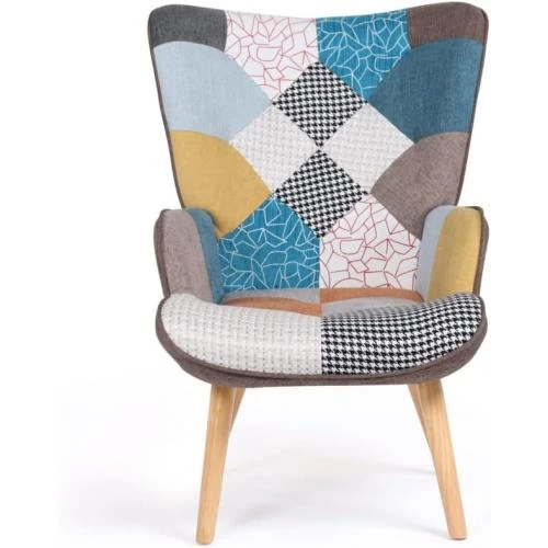 Zoom sur Fauteuil scandinave Ivar Tissu Patchwork Multicouleurs
