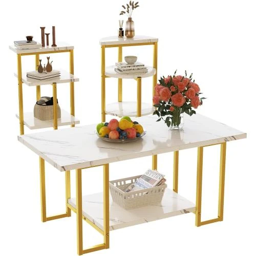 Tables basses modernes imitation marbre, étagères métal blanches - Vue principale