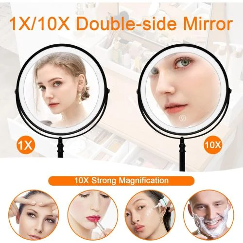 Détail de Miroir maquillage lumineux noir, grossissant x10, 3 éclairages