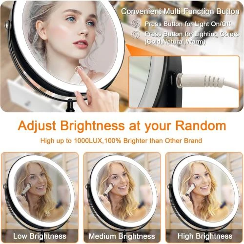 Zoom sur Miroir maquillage lumineux noir, grossissant x10, 3 éclairages
