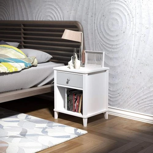 Détail de Table de Chevet Bois Blanc, Tiroir, Compartiment Ouvert
