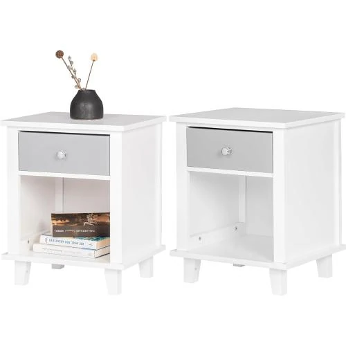 Table de Chevet Bois Blanc, Tiroir, Compartiment Ouvert - Vue principale