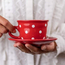 Tasse, sous tasse café, thé, rouge, pois blancs, City to Cottage