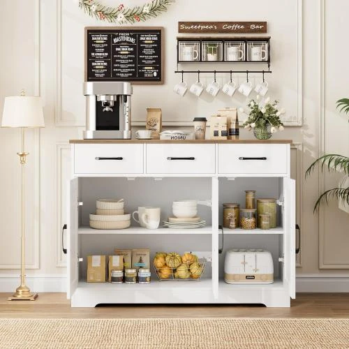 Zoom sur Buffet moderne ferme, tiroirs, étagères, bois blanc