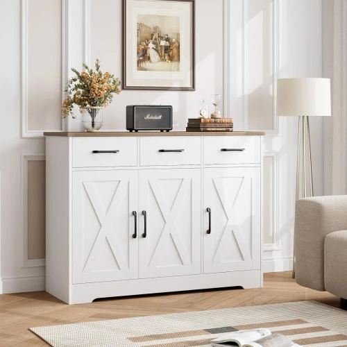 Détail de Buffet moderne ferme, tiroirs, étagères, bois blanc