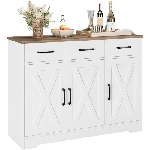 Buffet moderne ferme, tiroirs, étagères, bois blanc - Vue principale