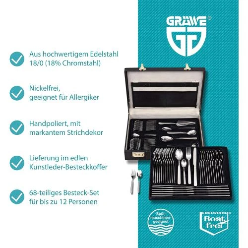 Détail de GRAWE Ménagère 68 Pièces Acier Inoxydable Coffret