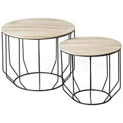 Zoom sur Tables Gigognes Bois Métal, Table Basse Design Industriel, Lot de 2