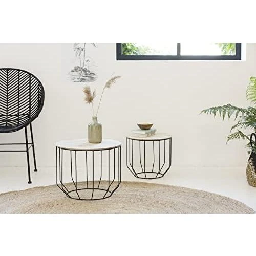 Détail de Tables Gigognes Bois Métal, Table Basse Design Industriel, Lot de 2