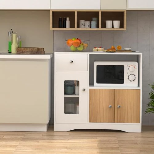 Détail de Buffet Chleby, meuble cuisine, rangement, étagère micro-ondes
