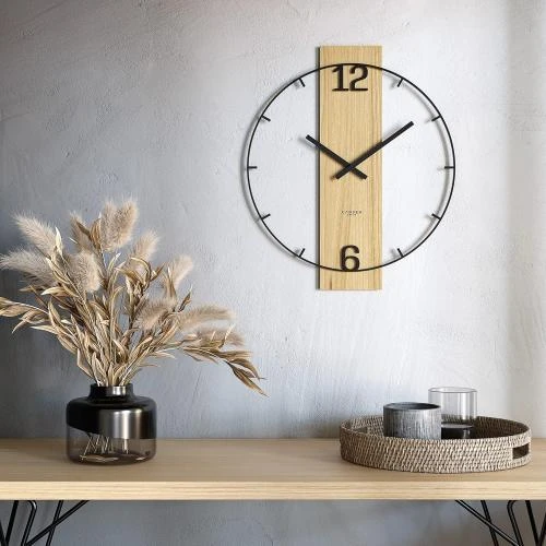 Détail de Horloge murale silencieuse métal, bois chêne, noir