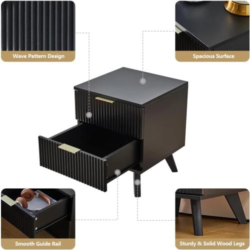 Zoom sur Table de nuit noire moderne Affeivul, 2 tiroirs bois