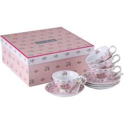 Coffret 4 Tasses Café Thé, Soucoupes Porcelaine, Rose