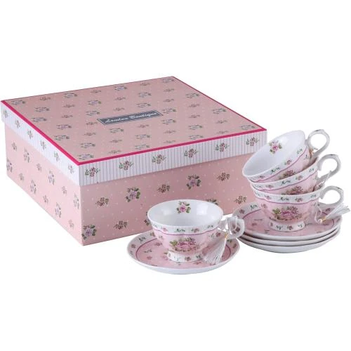 Coffret 4 Tasses Café Thé, Soucoupes Porcelaine, Rose - Vue principale
