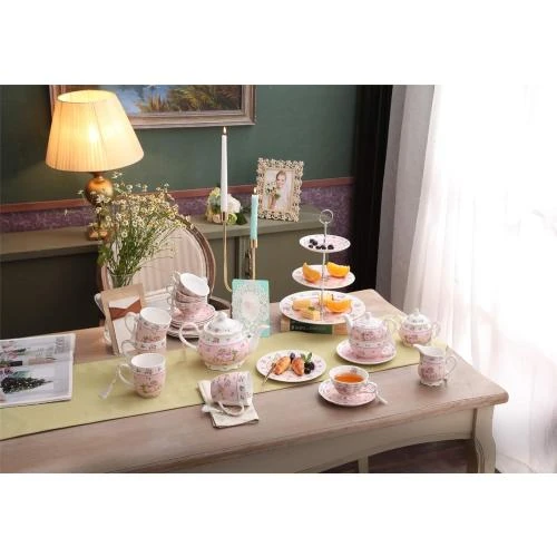 Détail de Coffret 4 Tasses Café Thé, Soucoupes Porcelaine, Rose