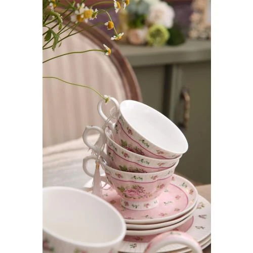 Zoom sur Coffret 4 Tasses Café Thé, Soucoupes Porcelaine, Rose