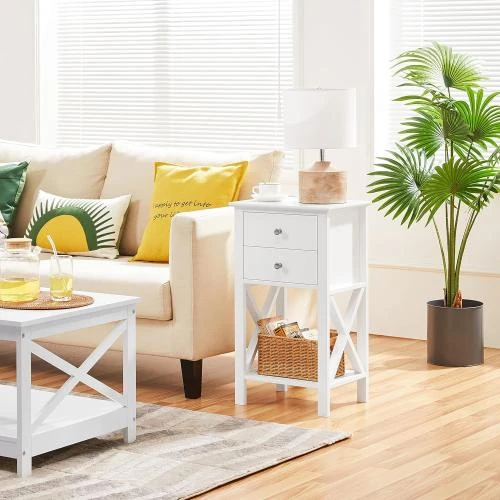 Détail de Tables de Chevet Yaheetech Blanc, 2 Tiroirs, Étagère