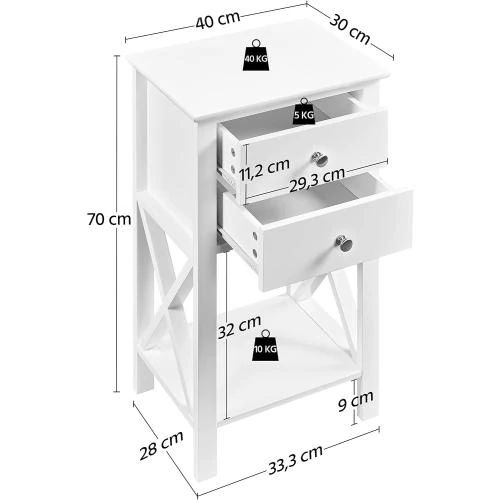 Zoom sur Tables de Chevet Yaheetech Blanc, 2 Tiroirs, Étagère