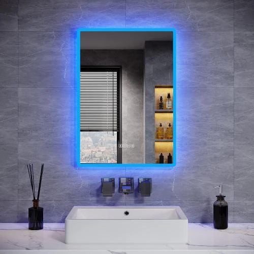 Miroir salle de bain Bluetooth rétroéclairé, LED ambiance bleue - Vue principale