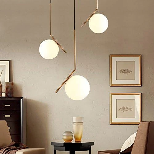 Zoom sur Lampe Suspension Moderne Fer Verre LED, Luminaire Boule Métal Doré