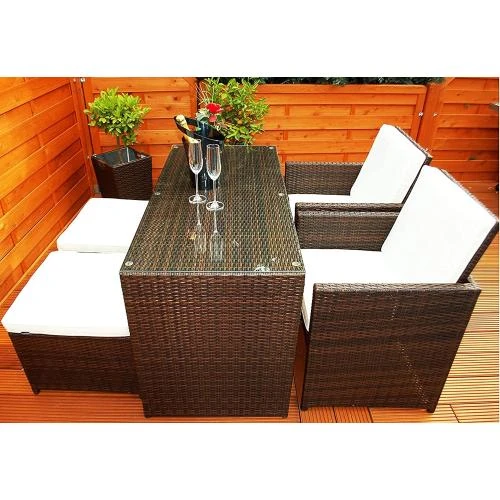 Salon de jardin polyrotin, table, chaises, tabourets, marron - Vue principale