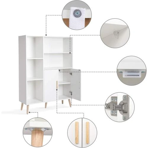 Zoom sur Buffet Bibliothèque Mondeer, Meuble Rangement Bois Blanc