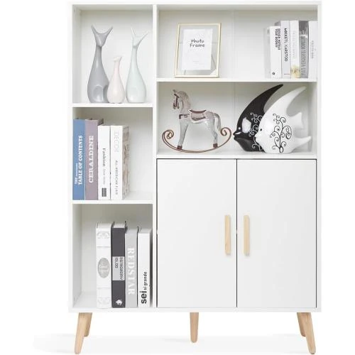 Détail de Buffet Bibliothèque Mondeer, Meuble Rangement Bois Blanc