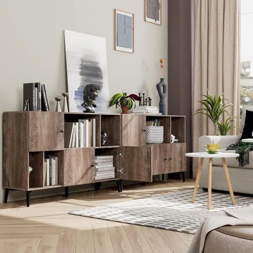 Détail de Buffet Salon Meuble Bas Rangement 4 Étagères 3 Portes Bois