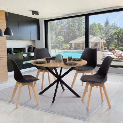 Détail de Table à Manger Ronde Design Industriel Bois Noir Pied Araignée