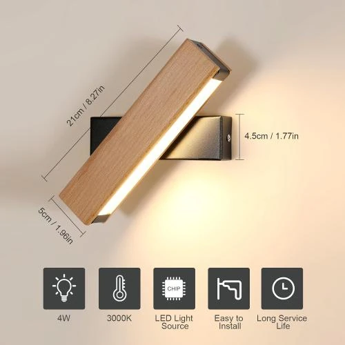 Zoom sur Applique Murale LED Rotative 3000K, Bois, 400LM
