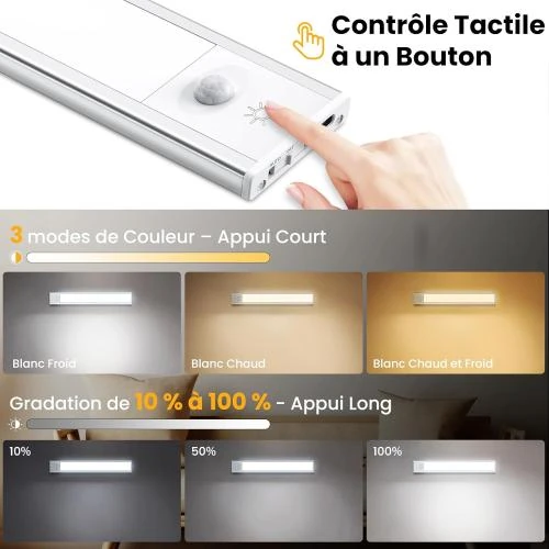 Zoom sur Reglette LED Cuisine Rechargeable, Détecteur Mouvement, 2 Pièces