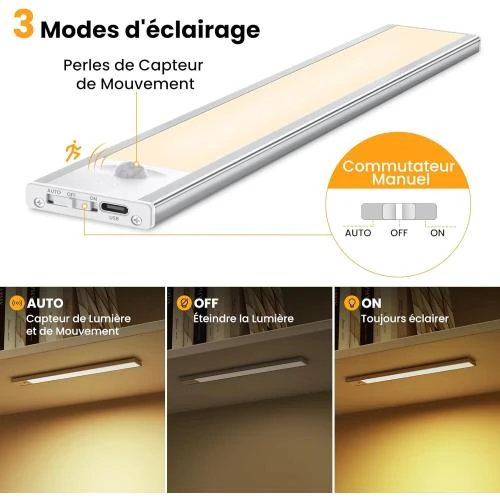 Détail de Reglette LED Cuisine Rechargeable, Détecteur Mouvement, 2 Pièces