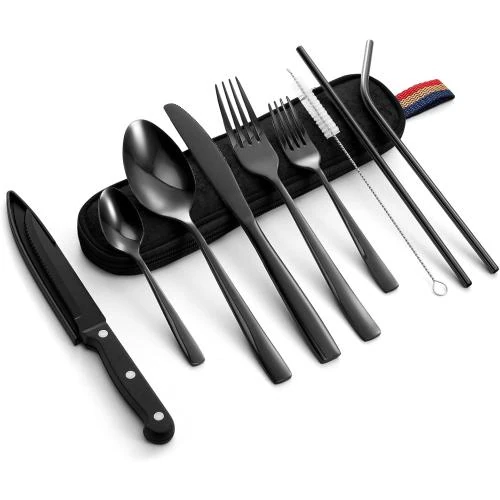 Odoland Couverts Camping 9pcs, Acier Inoxydable, Noir - Vue principale