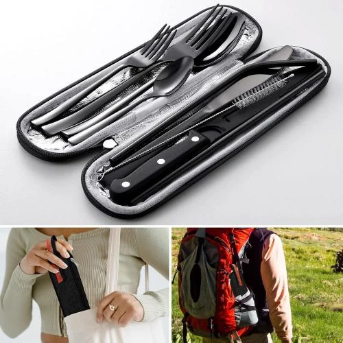 Zoom sur Odoland Couverts Camping 9pcs, Acier Inoxydable, Noir