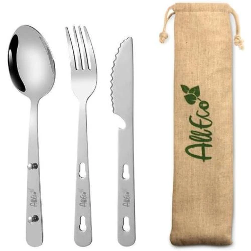 Couverts camping acier inoxydable, set durable, sac gratuit - Vue principale