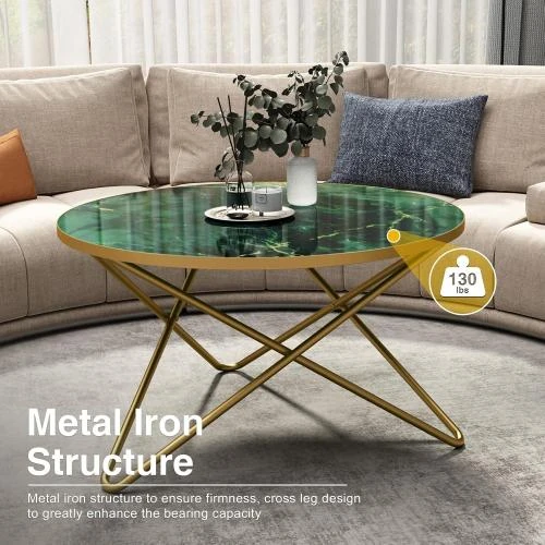 Zoom sur HLR Table basse ronde imitation marbre vert élégante