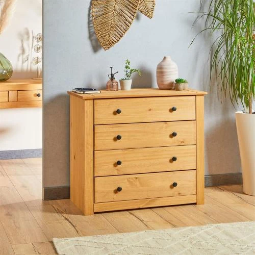 Détail de Commode Cancun IDIMEX, Buffet 4 Tiroirs, Pin Massif